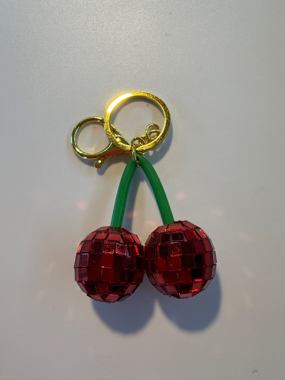 Red Cherry Disco Keychain with Green Stems